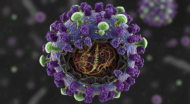 Closeup 3d render of a virus particle with spikes and internal structure