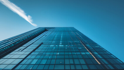 Glass skyscraper with blue sky in the background
