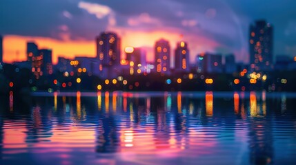 Fototapeta premium Cityscape Reflections at Twilight: An Evocative Blend of Urban and Natural Beauty