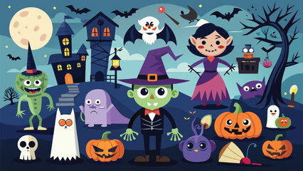 Collection of halloween themed illustrations featuring spooky and festive elements