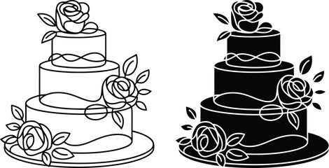 Elegant three tier wedding cake with roses in outline and silhouette