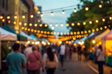 Blurred view of a lively night market scene with people strolling under the warm glow of string lights, creating a festive and inviting atmosphere in the bustling city street
