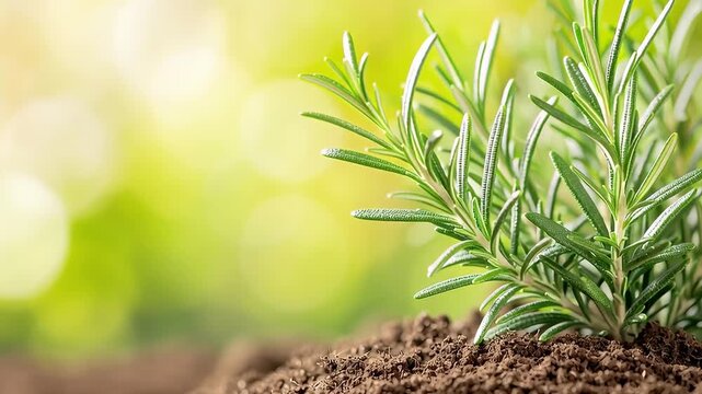 Closeup of a rosemary plant growing in soil.