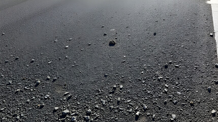 Sunlit, dark-grey asphalt strewn with small stones and debris, a faint white line visible in the upper right