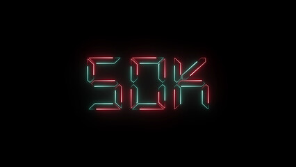 A bold neon "50K" text icon glowing in intense electric colors, symbolizing peak endurance, victory, and celebration—perfect for ultramarathon goals, fitness events, or digital milestones.
