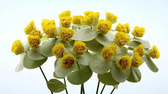 Macro view of euphorbia rigida flower cluster with yellow-green rosettes on a clean white background showcasing a minimal botanical style