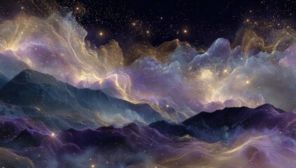 Cosmic mountain range veiled in ethereal clouds