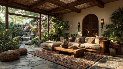Fototapeta premium Stylish living room interior with design furniture, elegant accessories and bamboo ceiling, 3d render 
