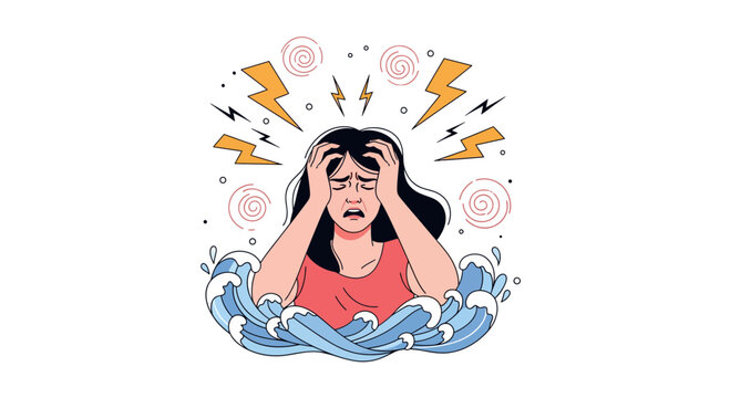 A woman feeling overwhelmed by intense emotional stress and anxiety, grappling with mental pressure and the sensation of drowning in life's challenges, symbolizing a state of burnout