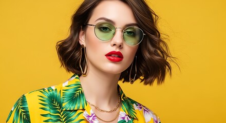 Fototapeta premium Woman in Yellow Hawaiian Shirt and Green Sunglasses