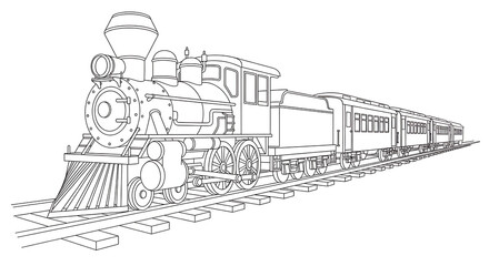 Detailed line art of a vintage steam locomotive with passenger cars on a railroad track.