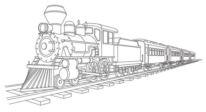 Detailed line art of a vintage steam locomotive with passenger cars on a railroad track.