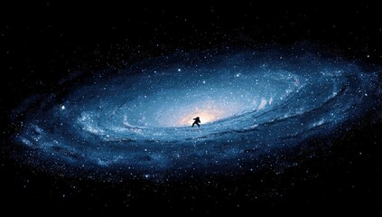 Silhouetted figure in vast spiral galaxy