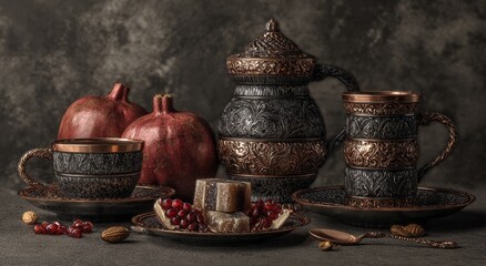 Ornate copper-colored tea set with pomegranates and Turkish delight