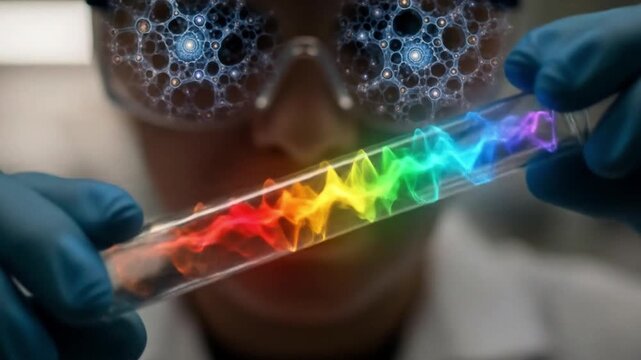A scientist holds a tube with a rainbow wave, symbolizing scientific research, experimentation, and the study of light and color in a laboratory setting