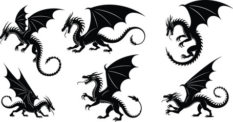 Collection of six black dragon silhouettes, fantasy mythical winged dragons in various poses, medieval fantasy art, magical creature vector design, fire-breathing beast illustration