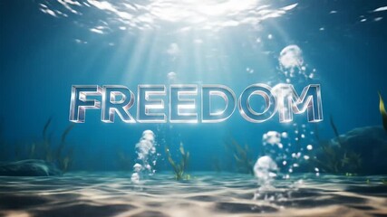Underwater scene with glowing freedom text illuminated by sun rays revealing marine plants.