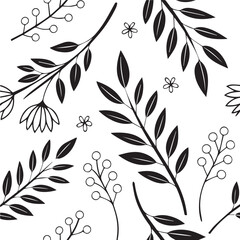 Simple black and white seamless botanical pattern featuring hand-drawn leaves, flowers, and branches on a clean background