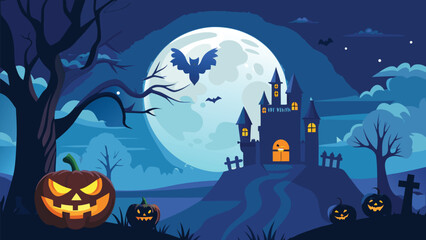 Festive halloween scene with a dark blue background featuring spooky elements and autumn colors