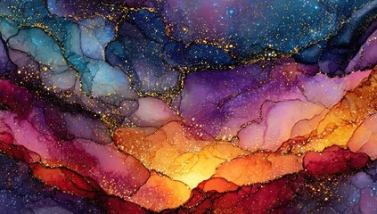Abstract fluid art, swirling colors and gold shimmer