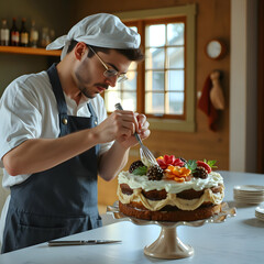 A baker decorates a birthday cake with icing.