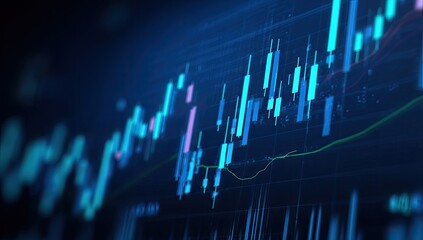 Close-up of a dynamic financial chart, showing multiple stock market indicators, including candlestick patterns, lines, and numbers