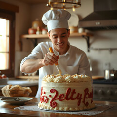 A baker decorates a birthday cake with icing.