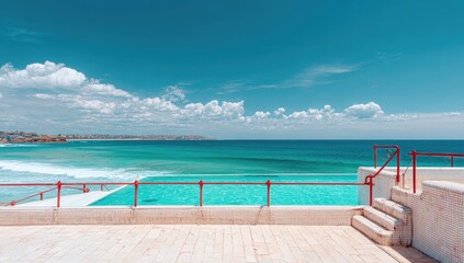 Coastal infinity pool, vibrant blue water, sunny day
