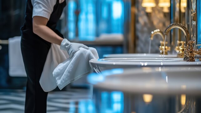 Cleaning staff cleANING  luxury hotel lobby with front desk and large windows.