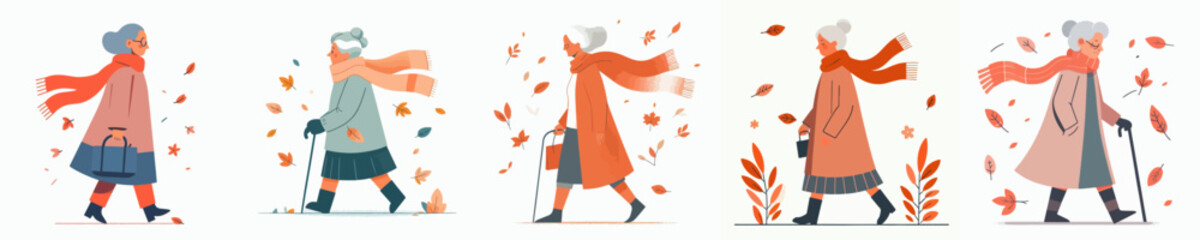 vector of a grandmother walking in autumn