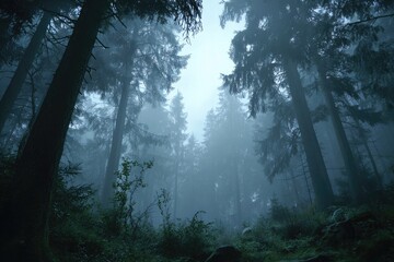 Obraz premium Misty forest, looking up. Dark trees, low light. Dense canopy. Foggy atmosphere