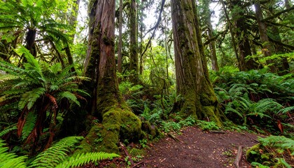 Obraz premium Lush green ferns and moss-covered trees create a vibrant, damp forest scene.