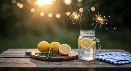 Festive Summer Still Life with Mason Jar, Sparklers, Lemons, and Rustic Picnic Table at Golden Hour