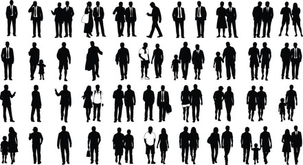 Crowd silhouette collection, walking people illustration, urban lifestyle concept, business and casual figures, diverse human silhouettes, city pedestrians, men women children group pose