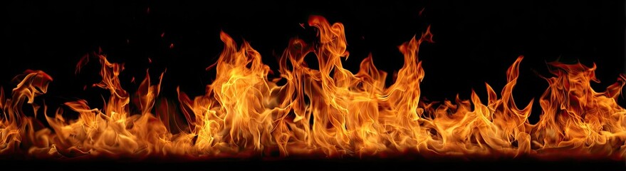 Full horizontal view of vivid orange-yellow flames against a pure black background