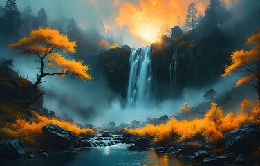Cascada m&aacute;gica en un bosque colorido iluminado por tonos de atardecer nocturno
