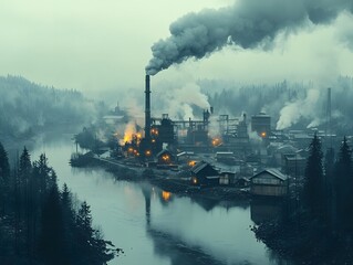 Fototapeta premium Polluted industrial village surrounded by a smoky factory in a gloomy winter landscape