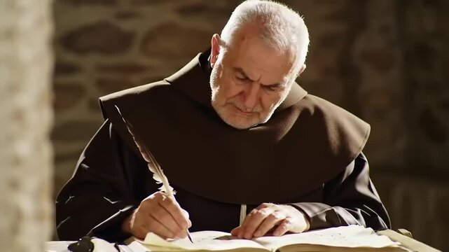 Elderly monk engrossed in writing