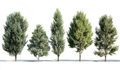 Five trees of varying heights and leaf densities against a white background