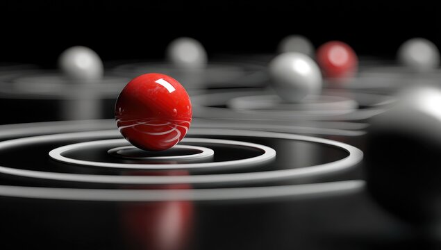 A single red sphere positioned centrally within concentric circles, surrounded by several white spheres