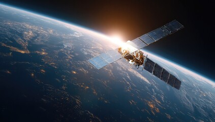 Satellite orbiting Earth, sunrise view