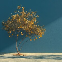 A solitary lemon tree against a teal backdrop.  Golden-yellow leaves and fruit are prominent.  Soft light casts a shadow