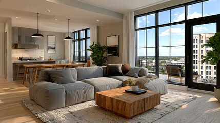 Open space living room and kitchen interior with large windows, TV wall, gray sofa, dining table and hardwood flooring. Modern design solution, 3d rendering