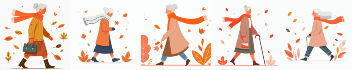 vector of a grandmother walking in autumn