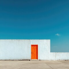 A vibrant orange door on a stark white wall against a clear blue sky