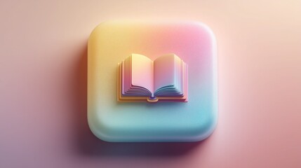 3D book icon with pastel rainbow gradient on shiny square background, symbolizing education, knowledge, and modern minimalist design.