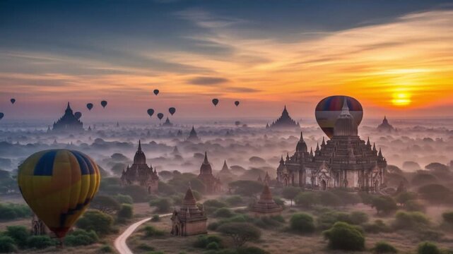 Sunrise over Bagan Myanmar featuring hot air balloons and ancient temples amidst a misty landscape