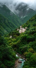 Misty mountain valley with a rustic building nestled in the green