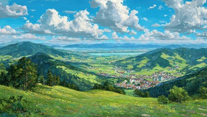 Naklejka premium Panoramic alpine valley view, vibrant colors, lush greenery, rolling hills, village nestled in valley