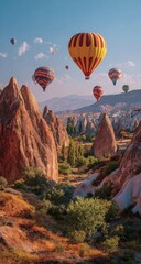 Colorful hot air balloons over dramatic rock formations